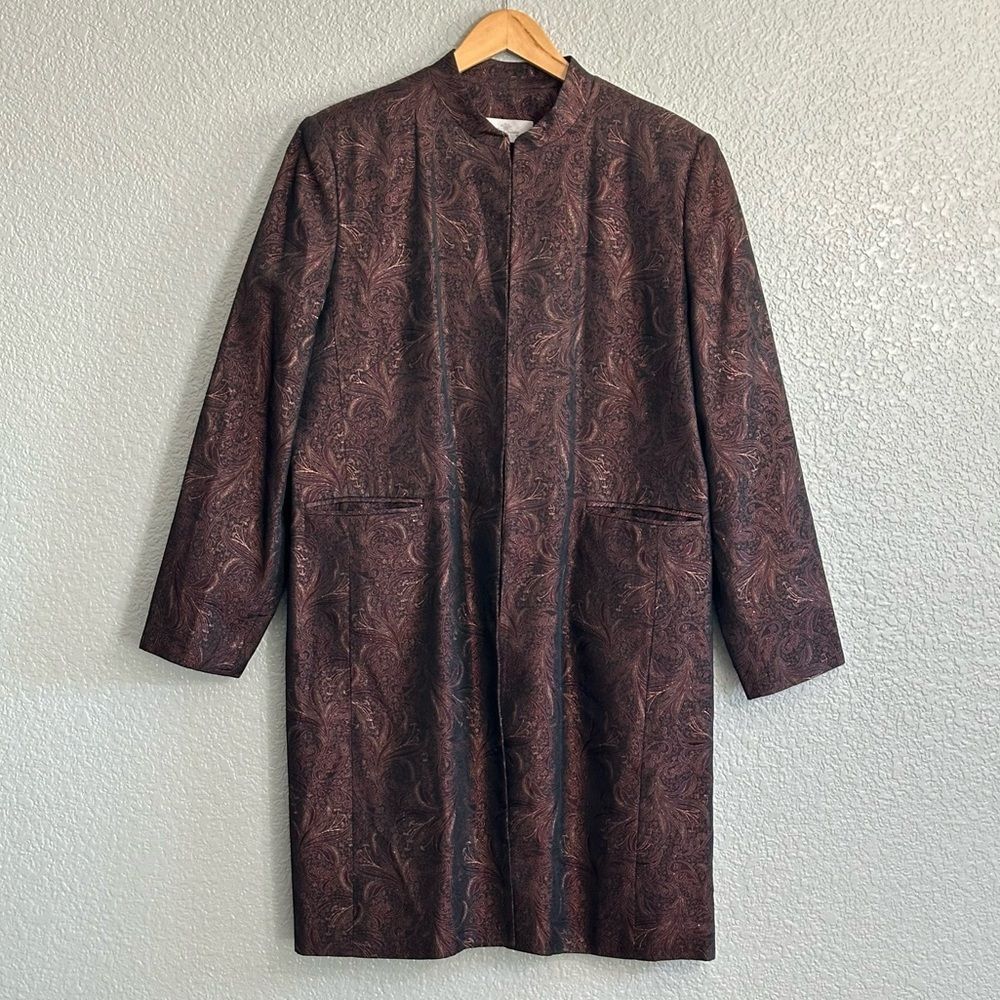 Oleg Cassini Metallic Gold Long Coat Plum Purple Jacket With Pockets Plus Sz 14